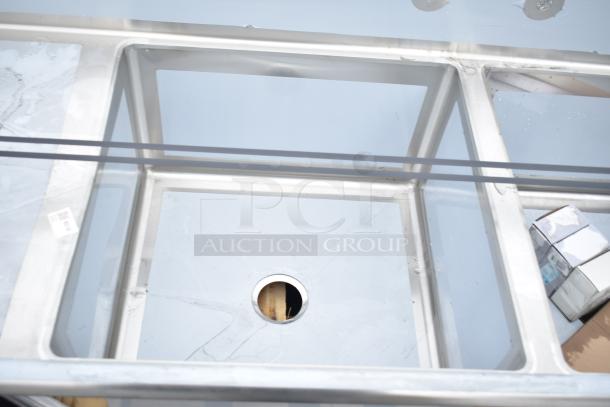 Brand new Regency 600S32424224 3-bay sink with dual drain boards. Scratch and dent condition, commercial use.