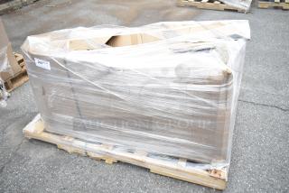 Brand new Regency 44" stainless steel one-compartment sink with right drainboard, wrapped and labeled on a pallet.