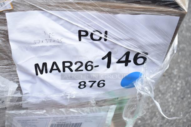Package labeled "MAR26-146" for a Regency 60S1172324 stainless steel sink, noted as brand new with scratches and dents.