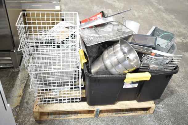 Pallet lot with metal round pans, cylindrical drop-in bins, white wire baskets, and additional items in plastic containers.