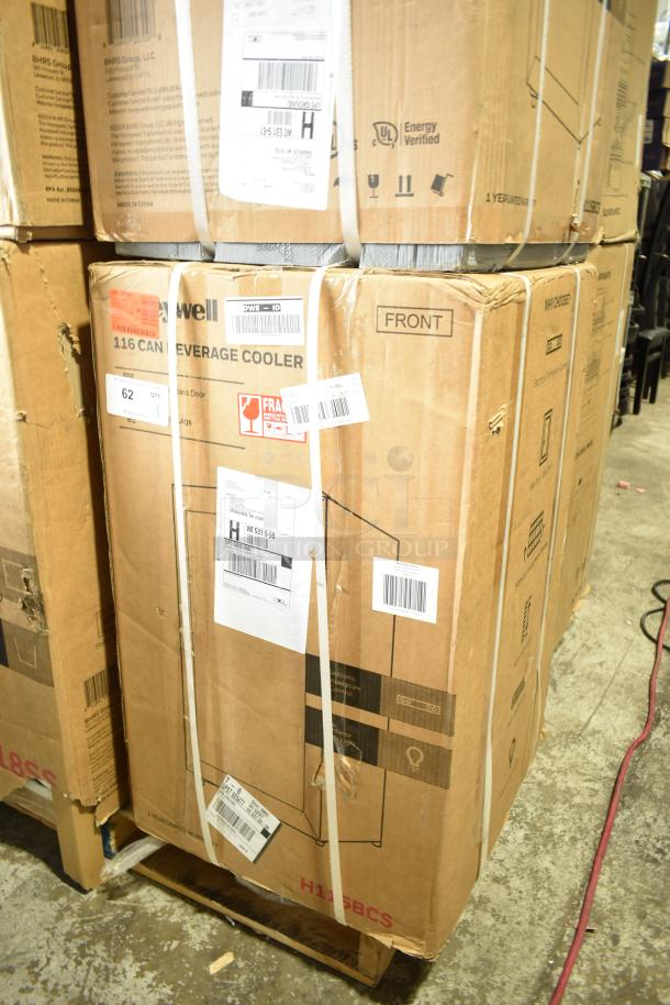 Brand new Honeywell H115BCS 115 Can Cooler in original packaging. Scratch and dent condition, 115 Volts, 1 Phase. Labels indicate model and handling instructions.