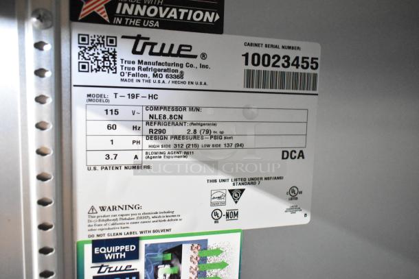 2020 True T-19F Commercial Freezer label displaying model, voltage, refrigerant (R290), and safety warnings.