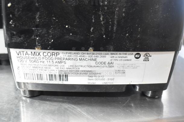 2 Vita-Mix VM0102/VM0103 blenders, no lids, 120V, tested, do not power on, labels with model and voltage details visible.
