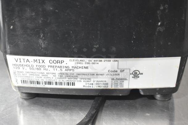 2 Vita-Mix VM0102 blenders, no lids, 120V, 1 phase, tested, non-functional, label shows specifications and patents.