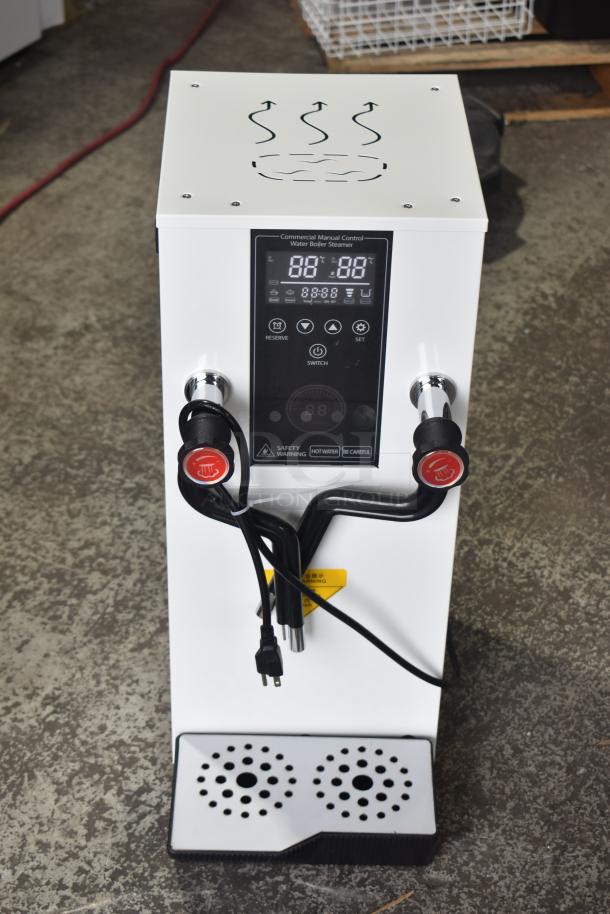 Brand new commercial steam milk frother, white with digital controls, minor scratches and dents, dual steam wands.