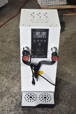 Brand new commercial steam milk frother, white with digital controls, minor scratches and dents, dual steam wands.