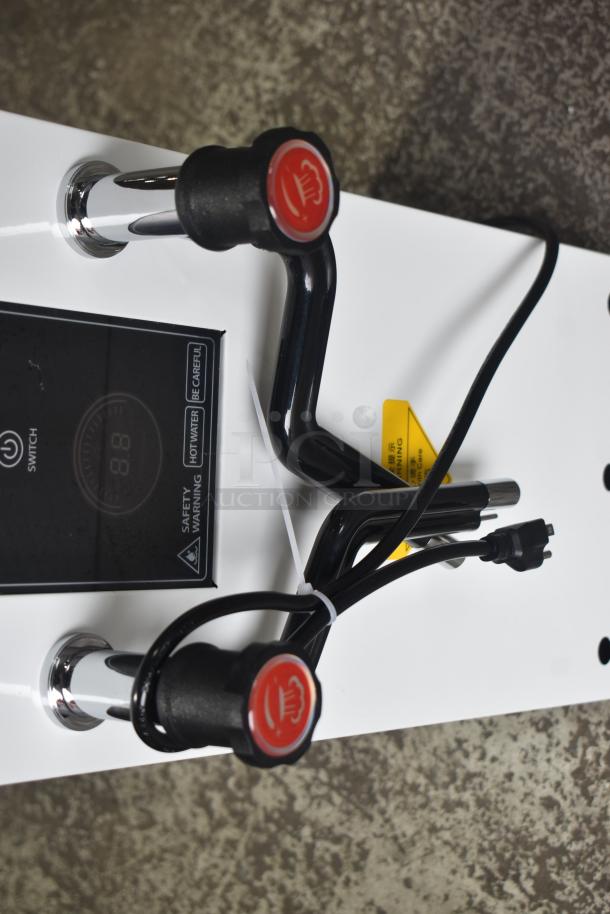 BRAND NEW Commercial Steam Milk Frother with minor scratches, features digital display, dual nozzles, safety and hot water warnings.