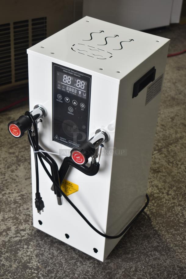 Brand new commercial steam milk frother with dual levers, digital control panel, and slight cosmetic scratches.