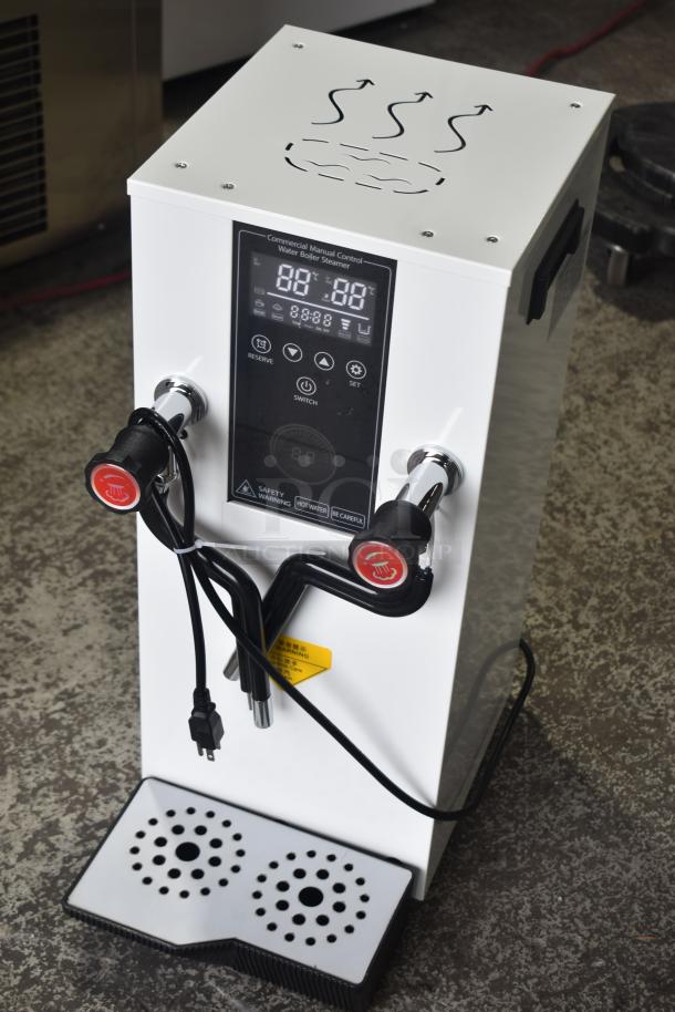 Brand new commercial steam milk frother with scratch and dent, dual spouts, digital control panel, and safety warnings.