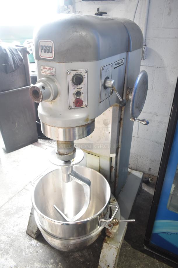 Hobart P660 commercial 60-quart planetary dough mixer with bowl, dough hook, and controls visible. 208-240V, 3 phase.