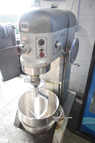 Hobart P660 commercial 60-quart planetary dough mixer with bowl, dough hook, and controls visible. 208-240V, 3 phase.