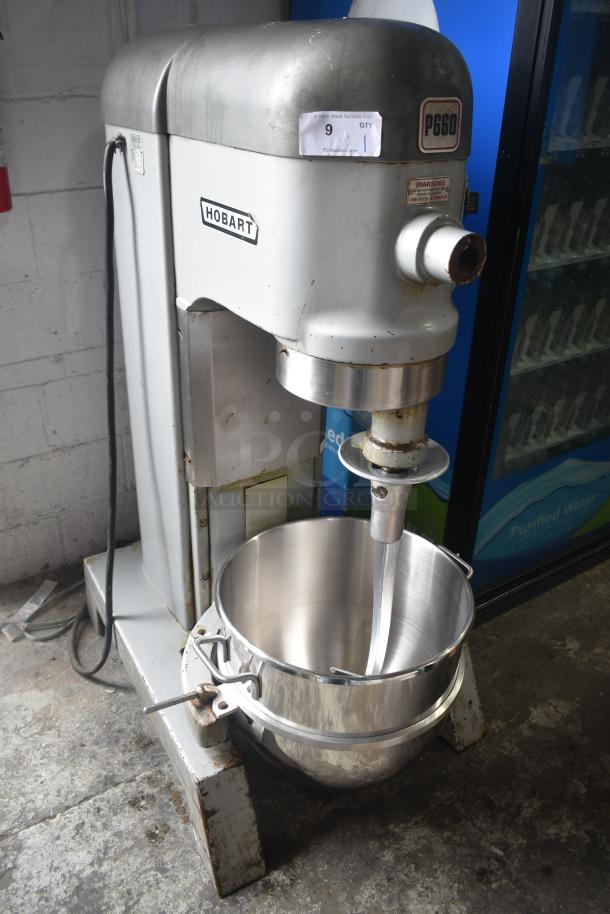 Hobart P660 Commercial 60-Quart Mixer, includes mixing bowl and dough hook, 208-240V, 3 phase, visible wear, model tag shown.