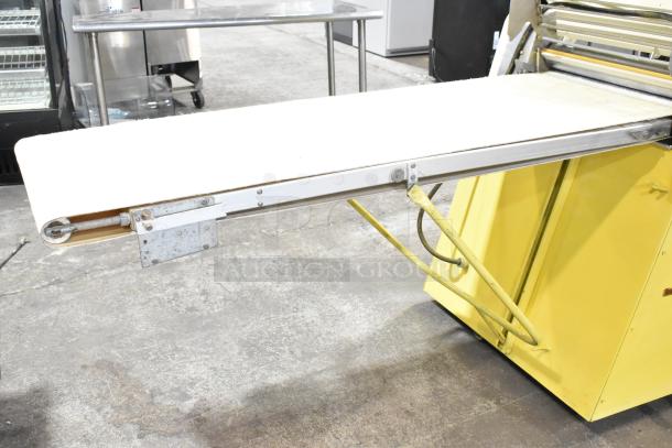 Rondo Seewer SSOR3 C dough sheeter, commercial floor style, yellow base, reversible belts, 208/250V, 1 phase.