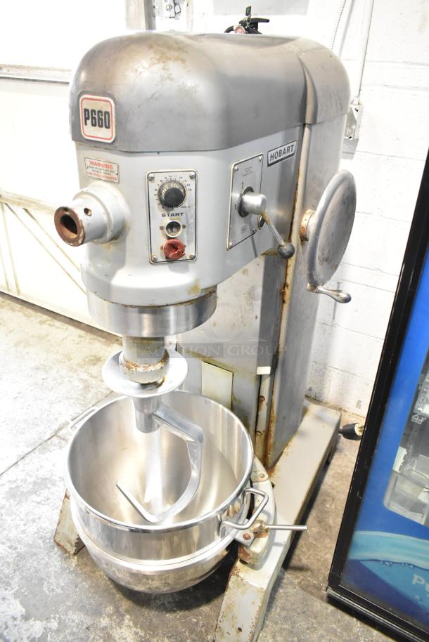 Hobart P660 60-quart commercial dough mixer with mixing bowl and dough hook attachment, 208-240V, 3 phase.