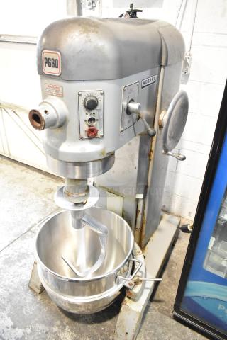 Hobart P660 60-quart commercial dough mixer with mixing bowl and dough hook attachment, 208-240V, 3 phase.