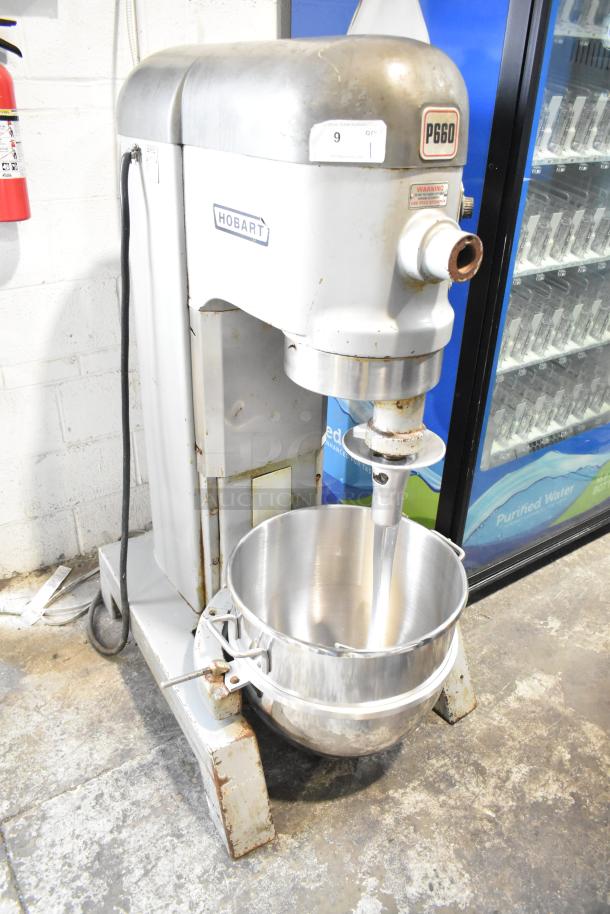 Hobart P660 commercial 60-quart dough mixer with bowl and dough hook. Floor style, 208-240V, 3 phase, visible wear.
