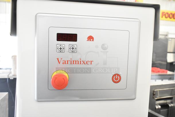 2021 Varimixer V80A 80-quart dough mixer control panel, showing brand and emergency stop button.