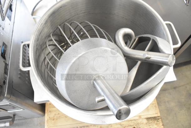 Brand new 2021 Varimixer V80A commercial 80-quart dough mixer with bowl, guard, hook, whisk, and paddle attachments.