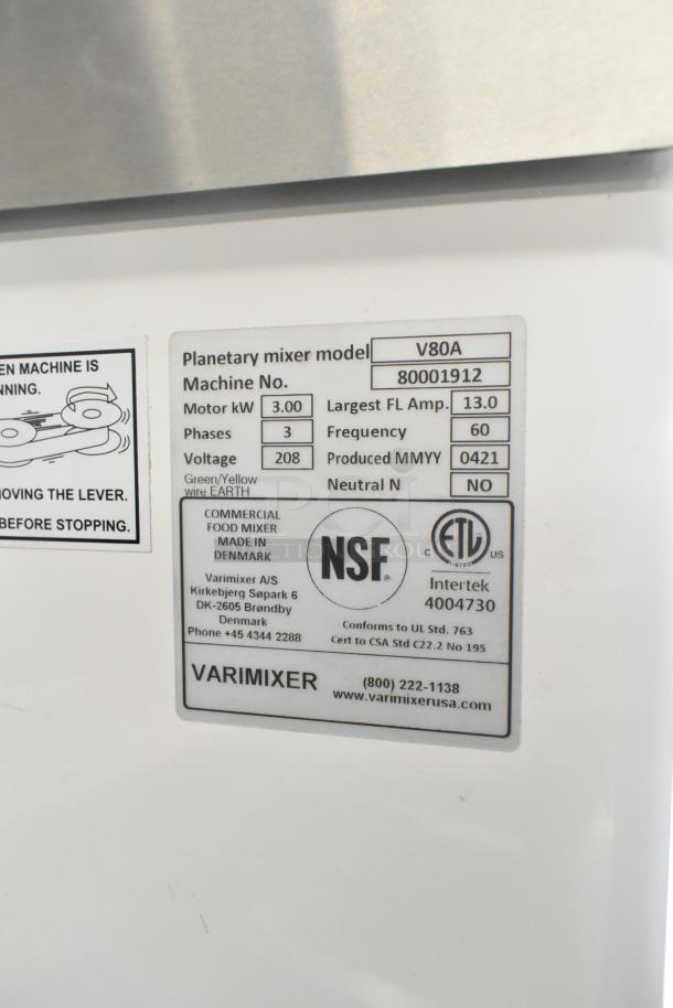 Brand new Varimixer V80A, 80-quart planetary dough mixer. Includes mixing bowl, bowl guard, attachments. 208V, 3-phase.