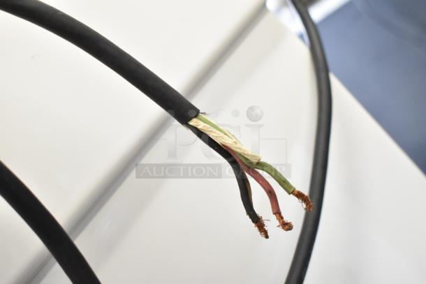 Damaged electrical cable for Varimixer V80A dough mixer, exposing red, green, black wires. 208V, 3-phase power required.