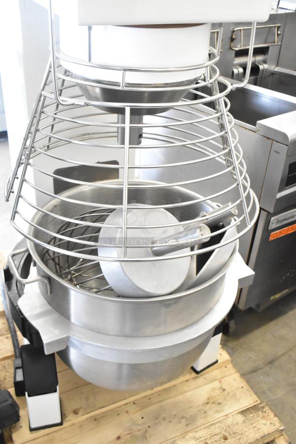 Brand new 2021 Varimixer V80A 80 Qt commercial dough mixer; includes bowl, guard, hook, whisk, paddle; 208V, 3 phase.