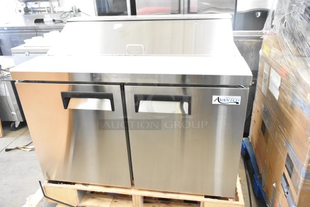 Brand new Avantco 178SSPT488 commercial sandwich salad prep table, scratch and dent condition, 115V, 1 Phase, visible logo.