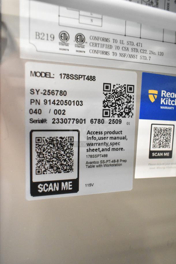Avantco 178SSPT488 sandwich prep table label, 115V, model info, QR code for product details, NSF certified.