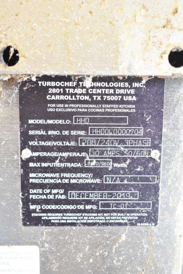 2019 Turbochef HHD Double Batch Oven label, 208/240V, 3 Phase, 30 Amps, Model HHD, Serial HHDLD000704, made Dec 2019.