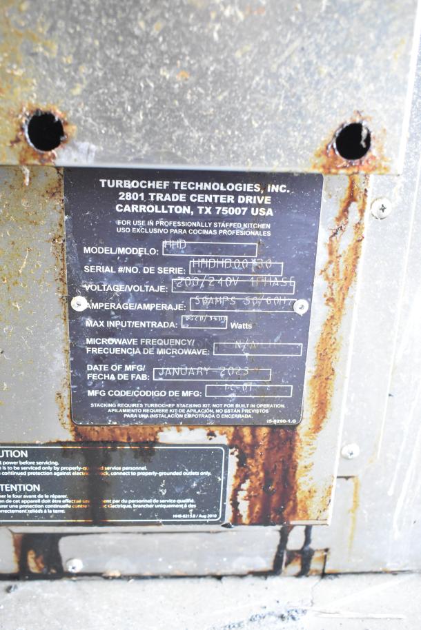 2023 Turbochef HHD Commercial Double Batch Oven label. Model HHD, Serial HHDH02039, 208/240V, 3 Phase, 50/60Hz, January 2023.