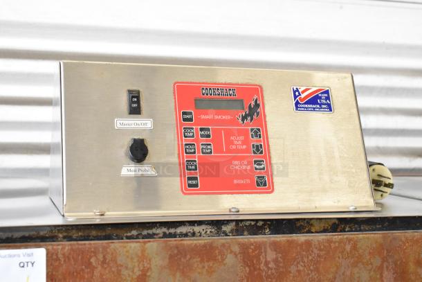 Cookshack 250 Commercial Electric Smoker, control panel view with settings and American-made label, in used condition.