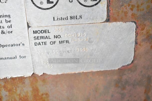 Cookshack 250 Commercial Electric Smoker, 208V, model label showing serial no. DD-1915, manufactured 1-8-99.