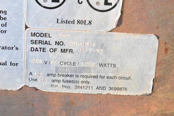 Cookshack 250 Commercial Smoker Cabinet, electric, on casters, 208V, serial DD-1916, made 1-8-99, 3050W, 15 amp requirement.