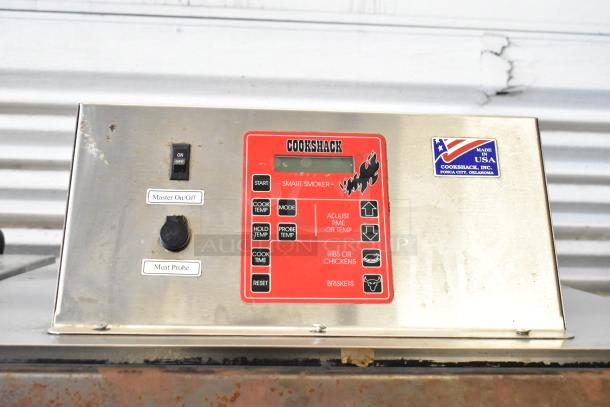 Cookshack 250 Commercial Electric Smoker Control Panel, 208V, with casters. Features temperature and time adjustment options.
