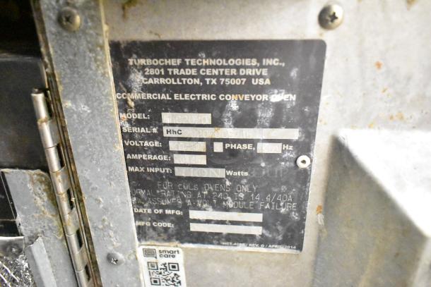Metal label on Turbochef HhC2020 Conveyor Oven, showing model, serial number, voltage, and amperage specifications.