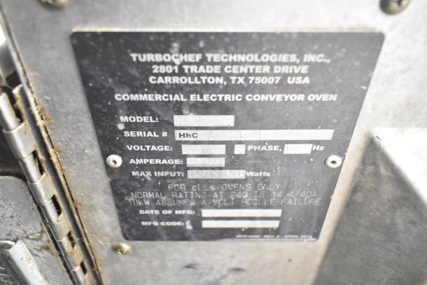 Turbochef HhC2020 rapid cook oven label indicating model, voltage, phase, and location details.