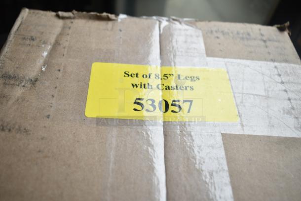 Cardboard box with yellow label reading "Set of 8.5” Legs with Casters 53057," related to Blodgett HVH-100E oven.