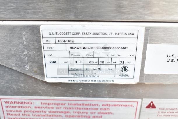Brand new Blodgett HVH-100E commercial convection oven with hood, 208V, 3 phase. Serial 062325BNB. Made in USA.