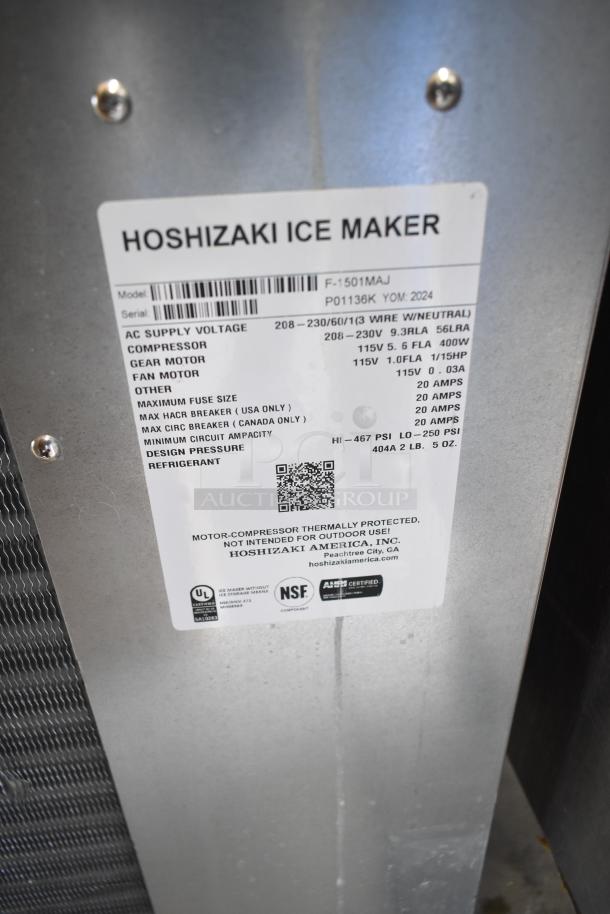 2024 Hoshizaki F-1501MAJ Commercial Cubelet Ice Machine label showing model, serial number, voltage, and certifications.