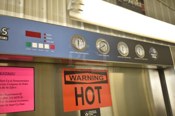Douglas SD-20-ELEL stainless steel pot/pan washer. Control panel with gauges and warning stickers visible. 480V, 3-phase.