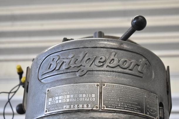 Bridgeport metal milling machine with Turnvision monitor, 208/220/440 volts. Features spindle speed label, serial number J50089.