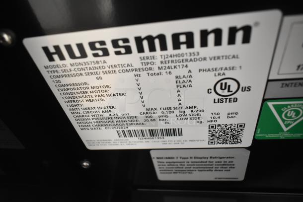 Hussmann MDN3575B1A commercial 35" vertical open air cooler, 120V, 1 phase. UL listed, model details and QR code visible.