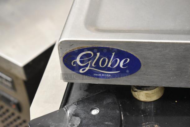 Globe 3600 Commercial Meat Slicer, 120V, 1 Phase, stainless steel, "Made in USA" label visible, used condition.