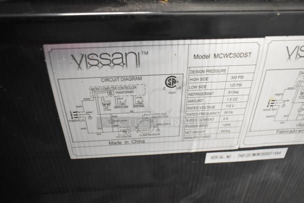 Vissani MCWC50DST mini beverage cooler merchandiser label showing voltage, phase, and design specifics. Model circuit diagram.