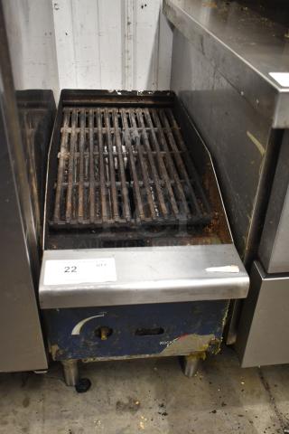 RocketCooking Commercial Gas Charbroiler Griddle, countertop model, showing signs of use, with visible controls and label.