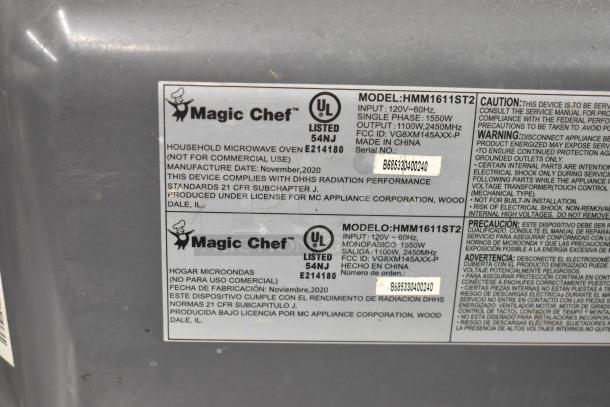 Magic Chef HMM1611ST2 1.6 cu. ft. countertop microwave label, UL listed, 120V, 1100W, manufactured Nov 2020.