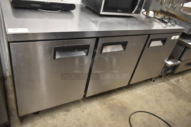 Cooler Depot UUC-72R-E-HC undercounter cooler; stainless steel, three doors, commercial casters, 115V, 1 phase.