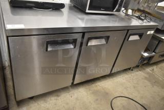 Cooler Depot UUC-72R-E-HC undercounter cooler; stainless steel, three doors, commercial casters, 115V, 1 phase.