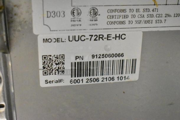 Cooler Depot UUC-72R-E-HC label, showing model, serial number, and certification standards.