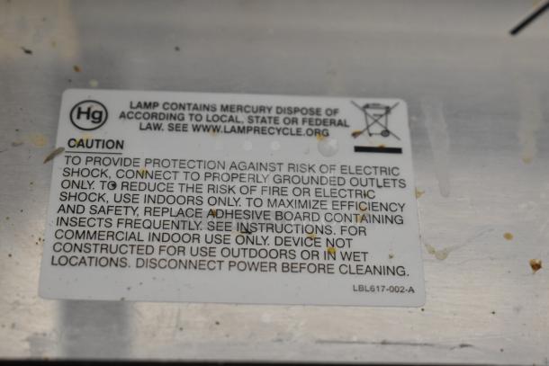 Label on Bag Zapper, 115V, 1 Phase, cautions against electric shock, notes indoor use only, and lists disposal instructions.