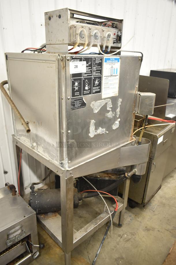 CMA EAH-2 commercial straight pass-through dishwasher, 120V, 1 phase. Used condition with visible wear and maintenance labels.